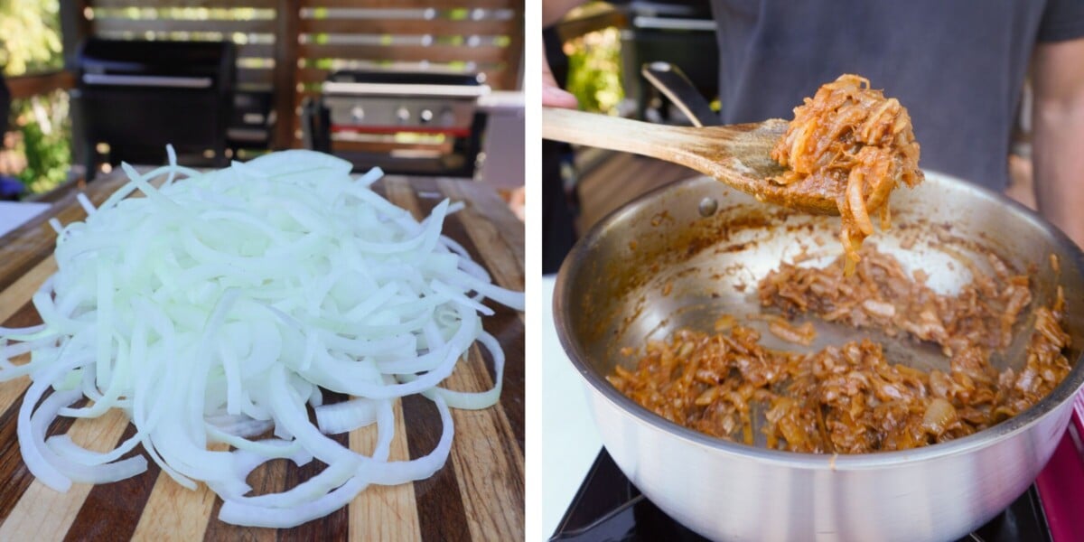 From raw sliced onions on a cutting board to fully sauteed onions in a saucepan for the french onion pork loin.
