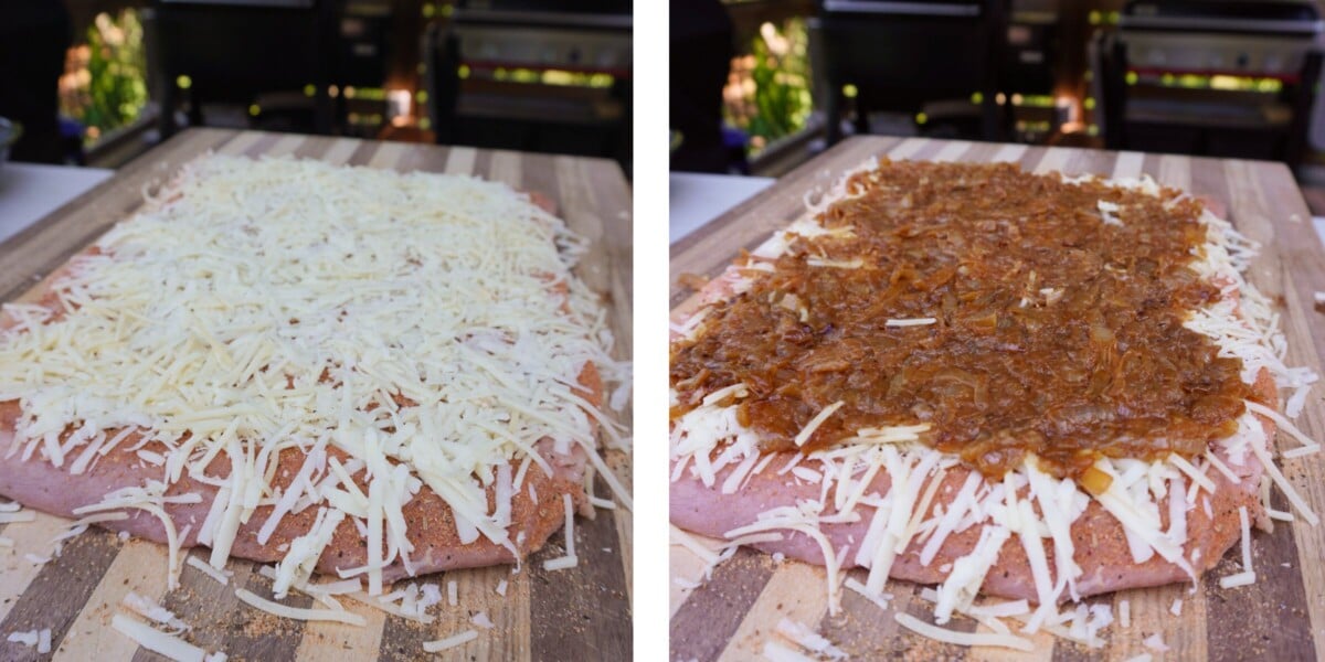 steps to show the layering of ingredients for make a french onion pork loin.