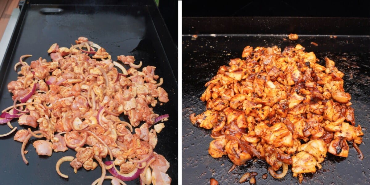 bbq chicken on the griddle raw vs. cooked.