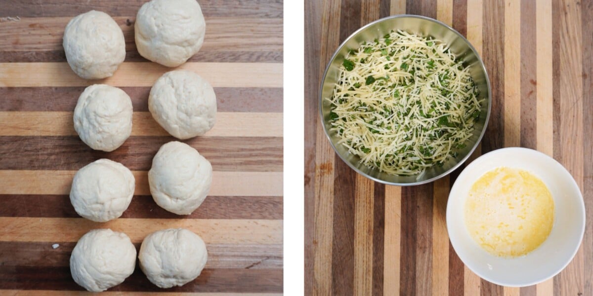 prepped ingredients for the cheesy dinner muffins.