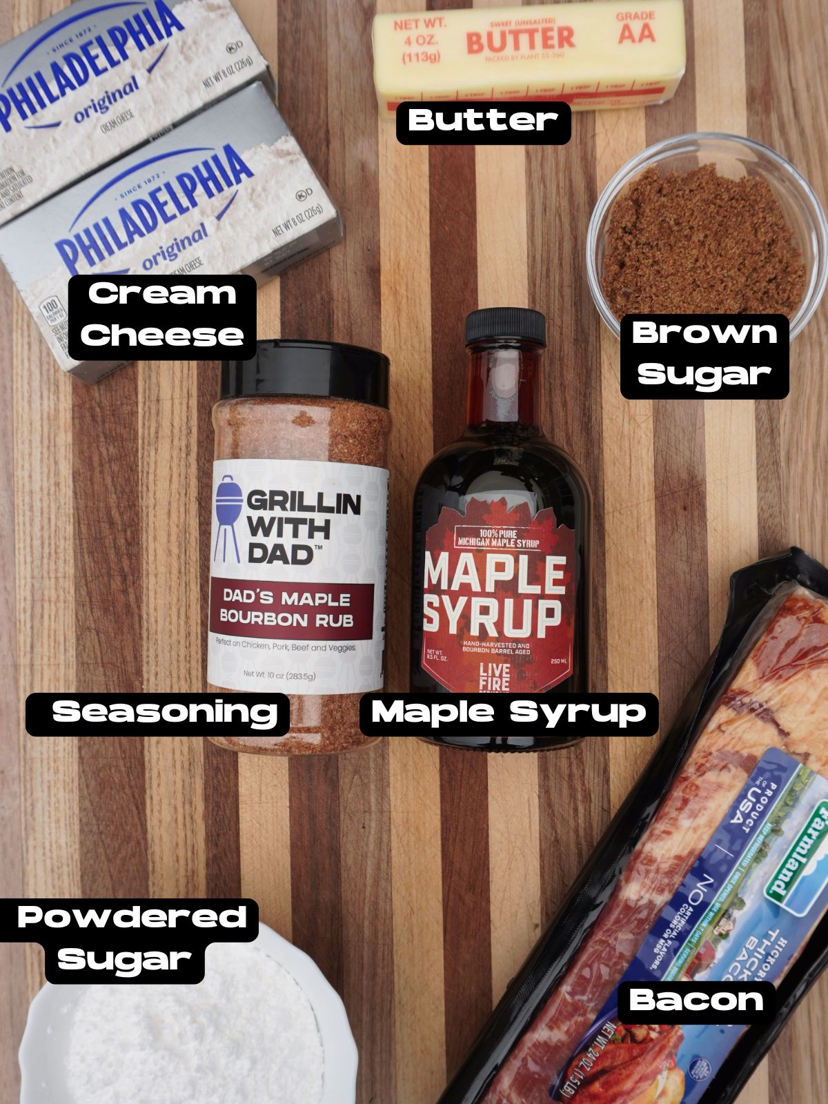 Ingredients for the maple bourbon and bacon dip.