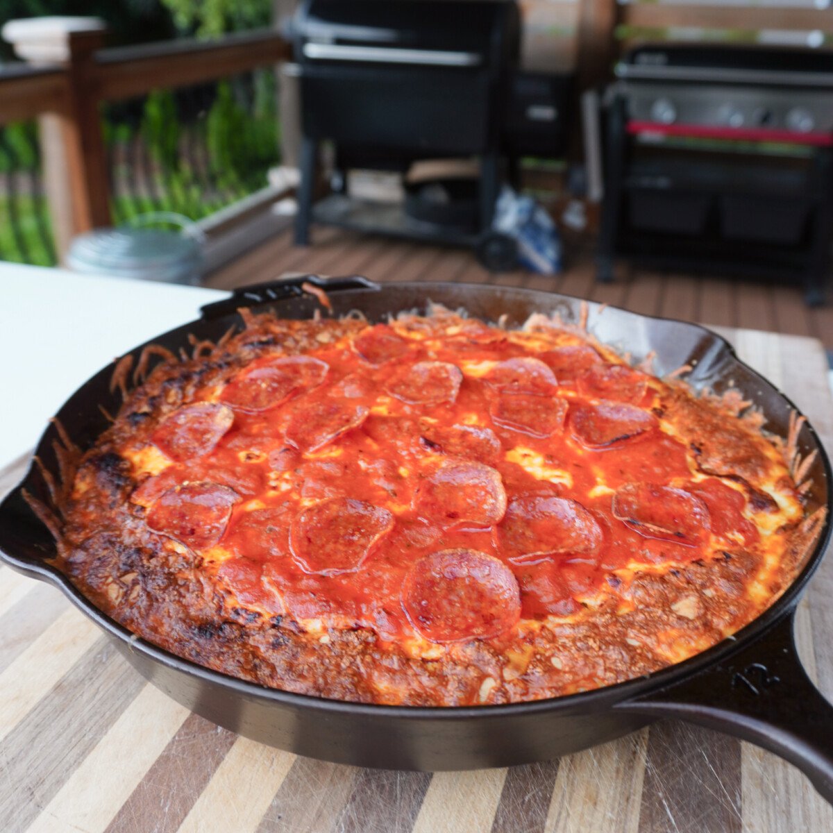homemade pepperoni pizza cooling off.