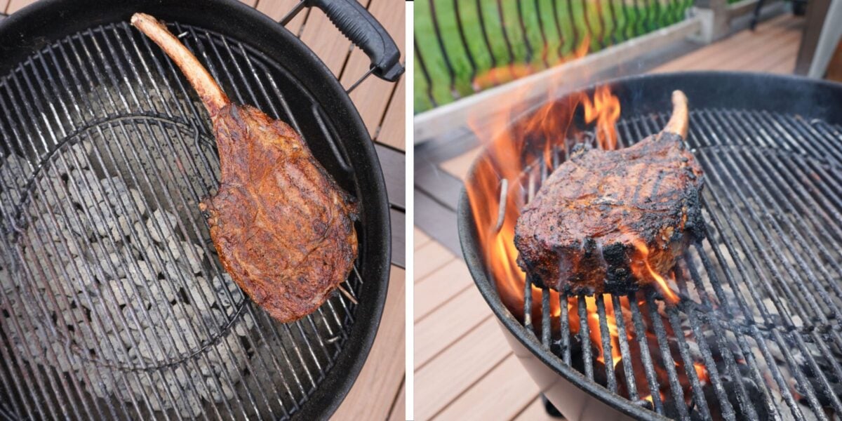 images showing on the left a tomahawk steak cooked on the indirect side and on the right the steak seared on the direct side.