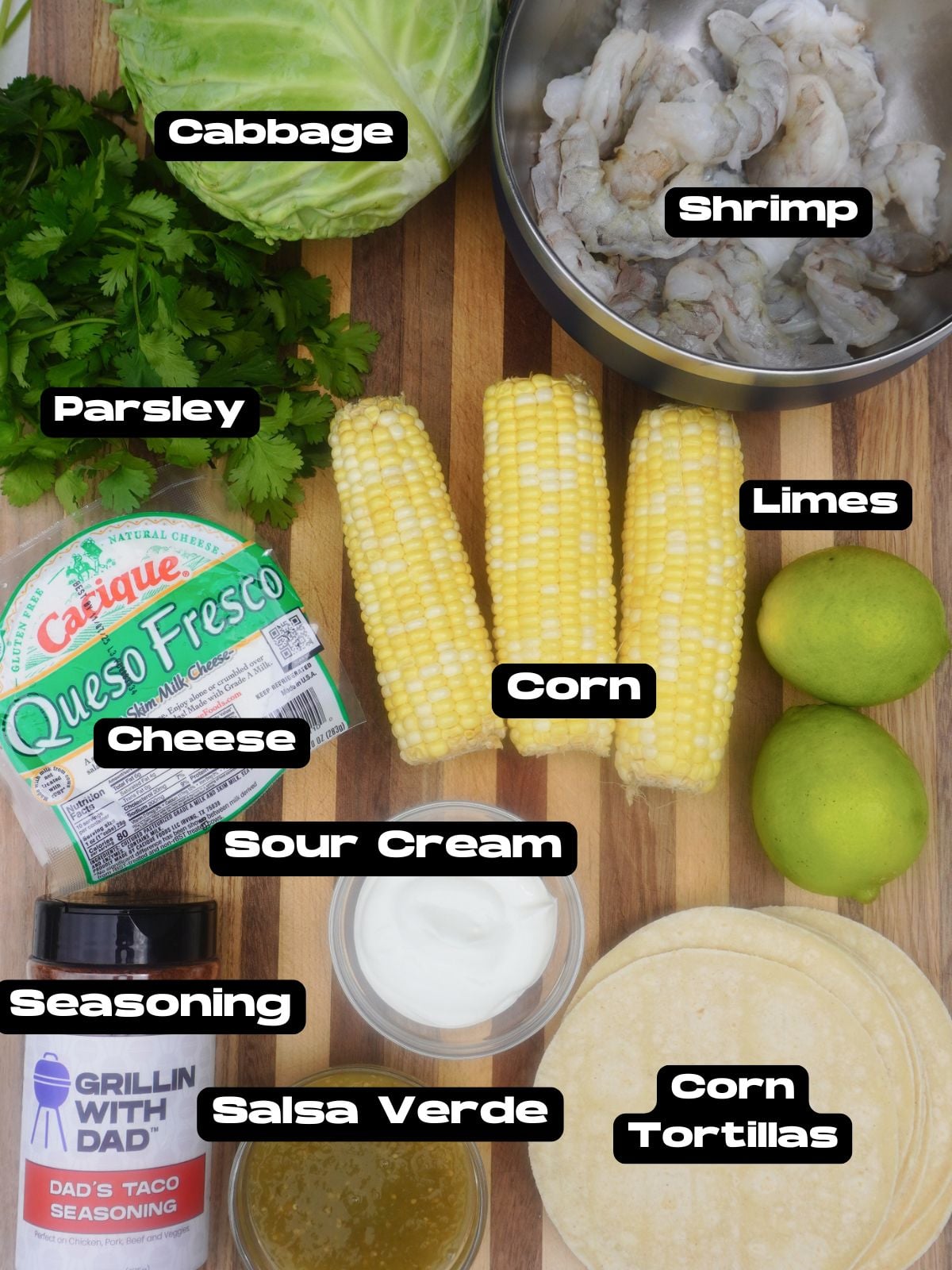 Grilled Shrimp with Corn Slaw Tacos ingredients.