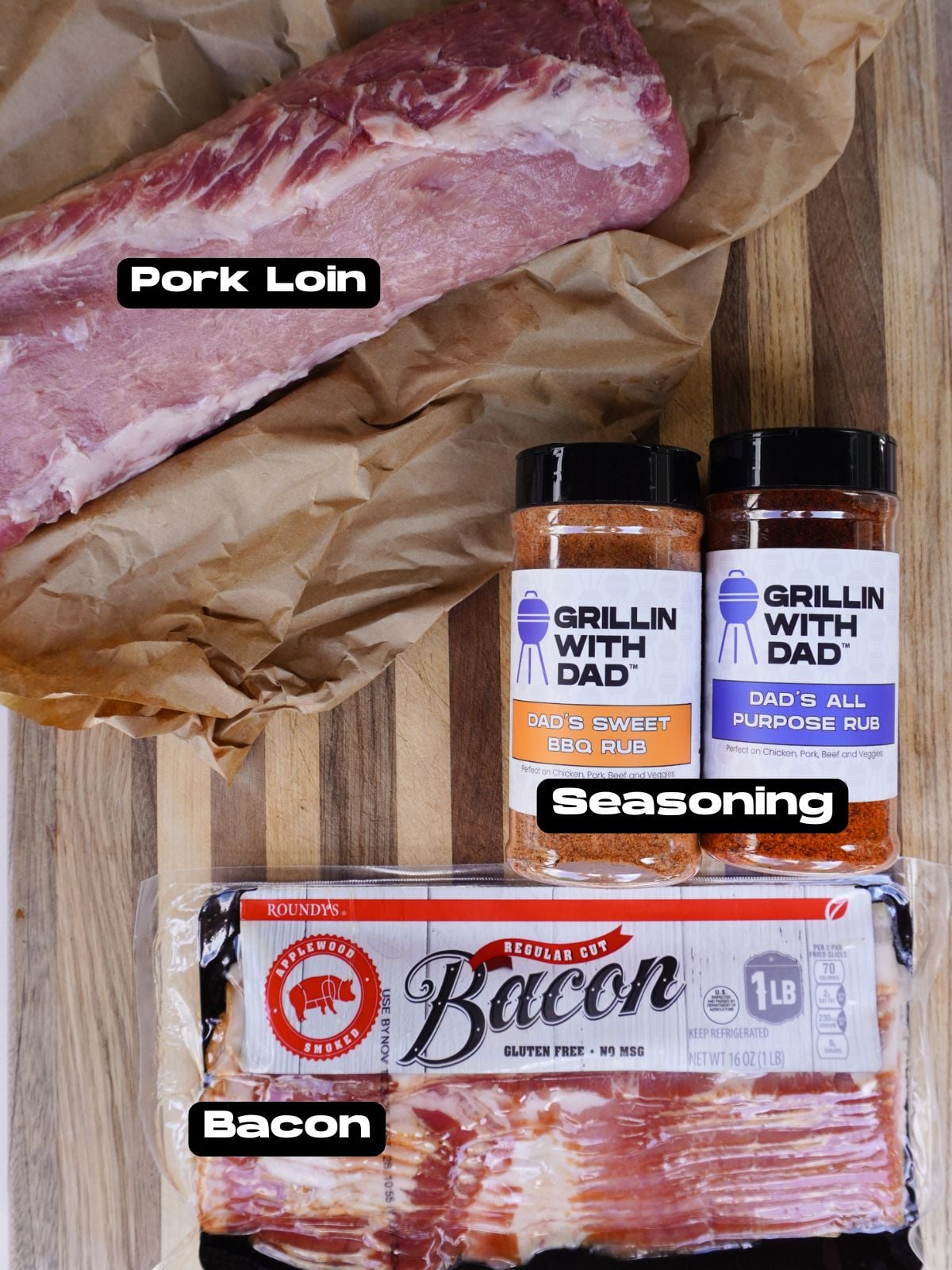 Grilled bacon wrapped pork loin ingredients.