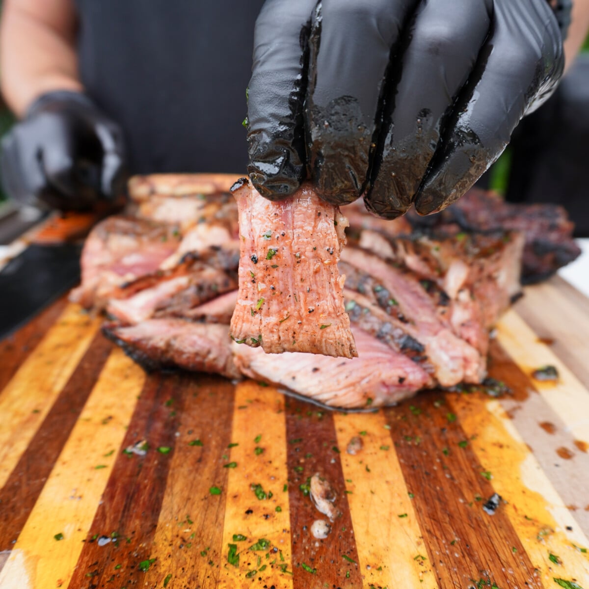 sliced grilled tomahawk steak.
