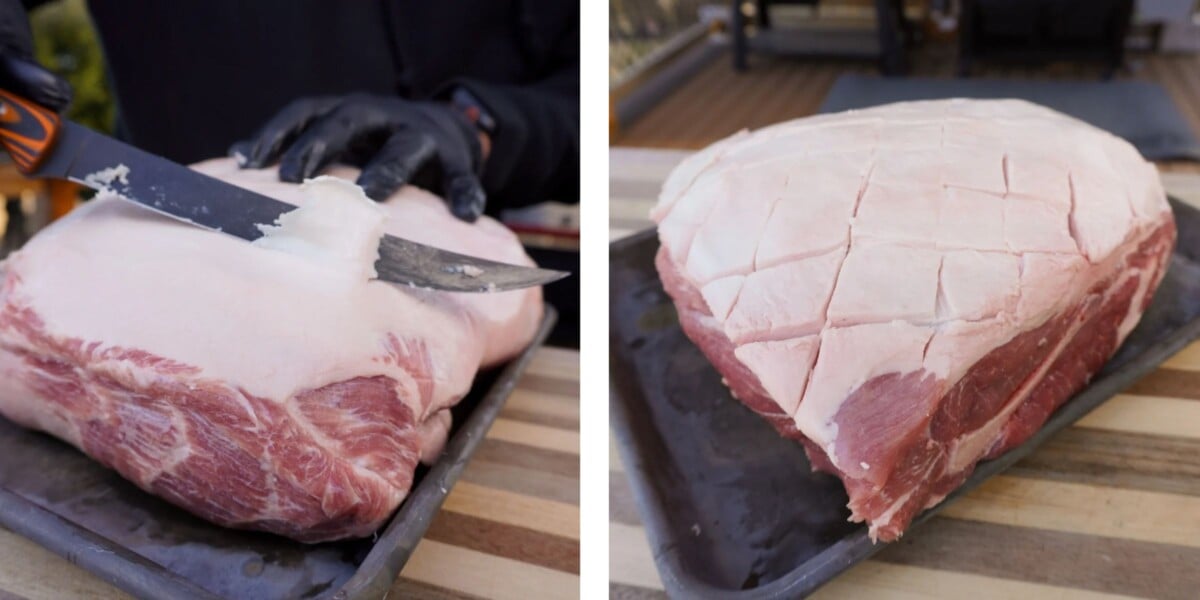 dual images showcasing prep work on a pork shoulder. Trimming access fat and scoring.