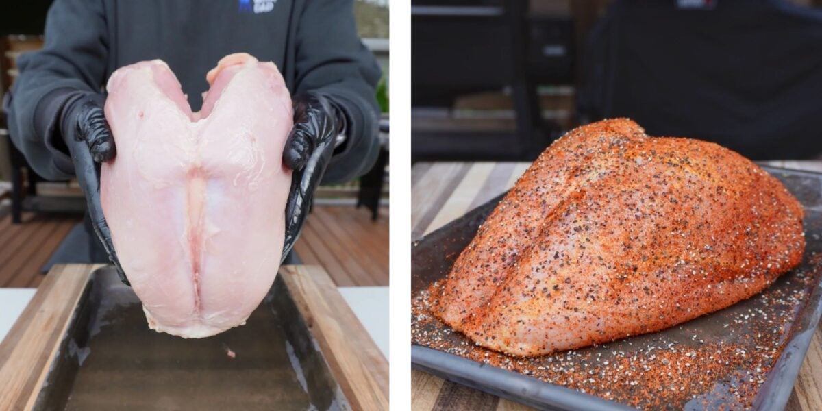 a clean and seasoned raw turkey breast.