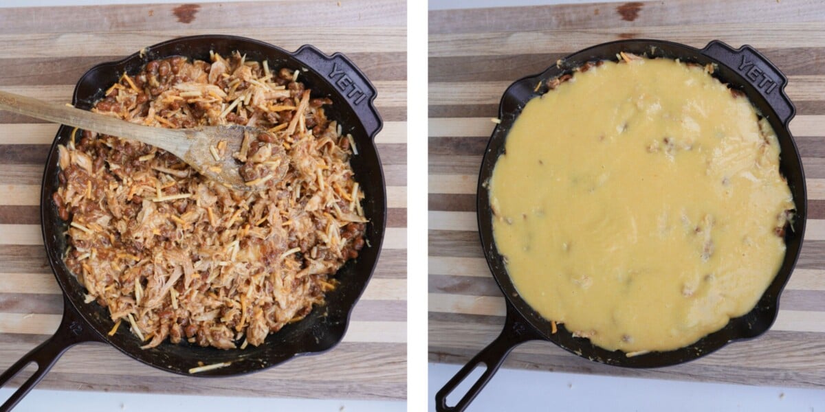 BBQ chicken cornbread casserole preparation steps.