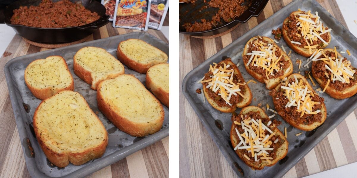 2 images of garlic texas toast slices. On the left the dents in the slices, while on the right a fully loaded slices.