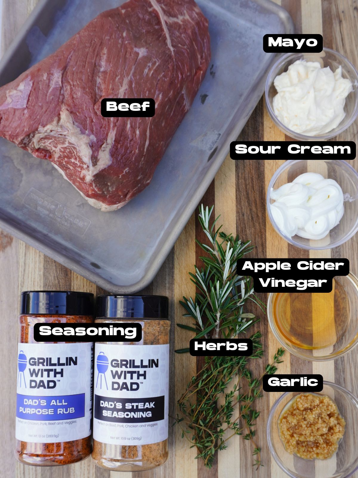 Ingredients needed to make a smoked bottom round roast.