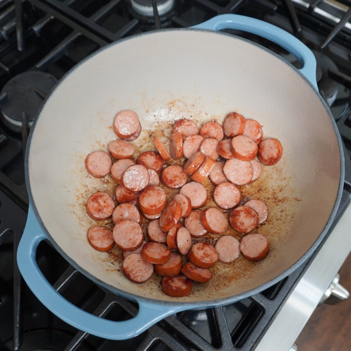 sauteed sausage in dutch oven.