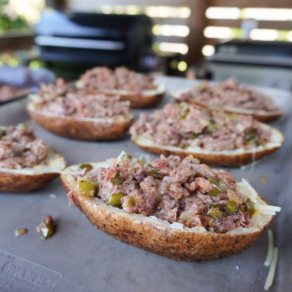 Grilled Cheesesteak Potato skins plated.