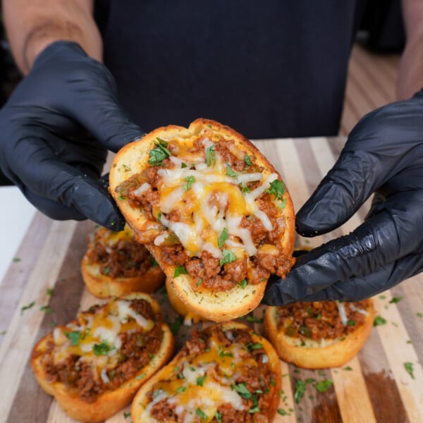 Texas Toast Sloppy Joe slice presented.