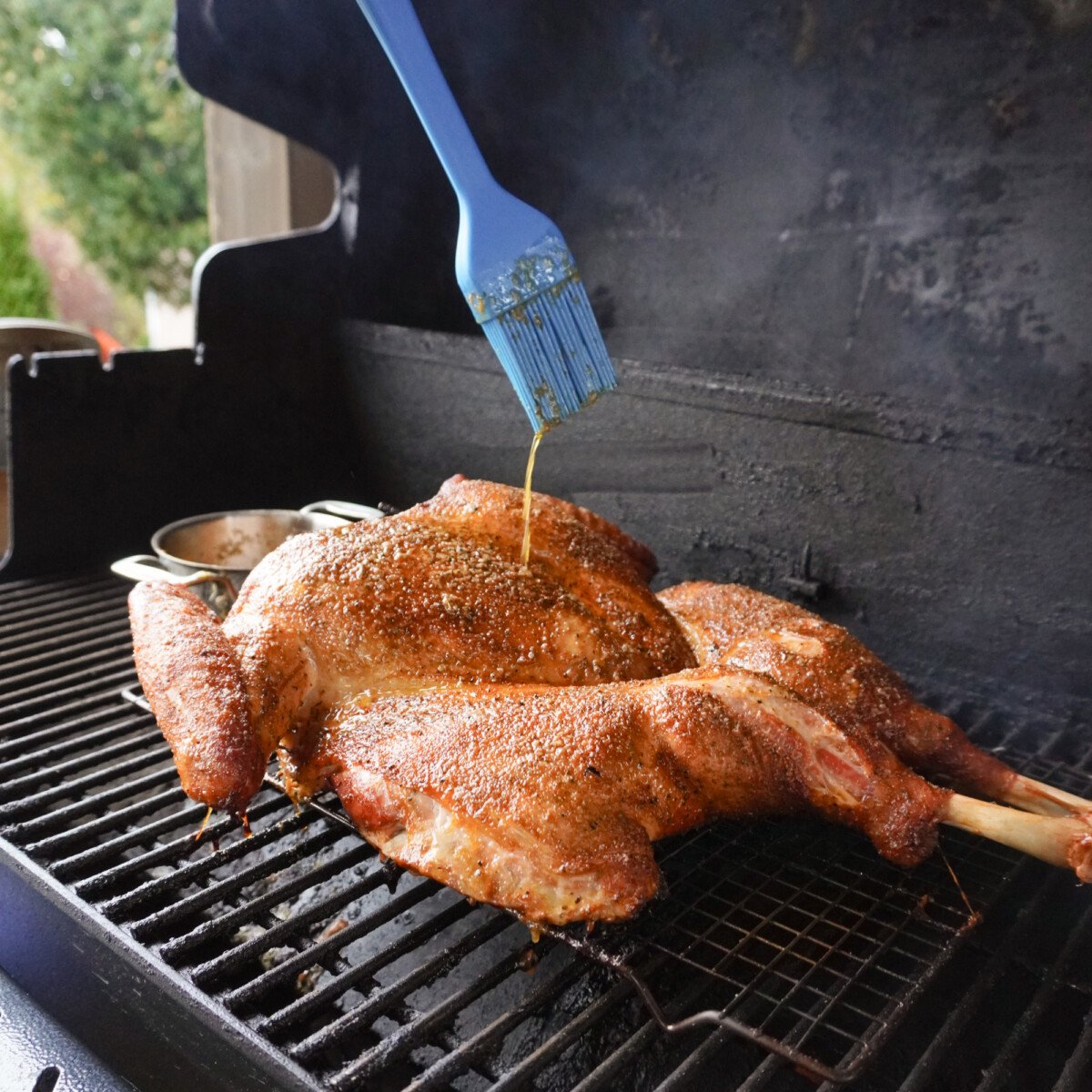 basting a smoked spatchcock thanksgiving turkey.