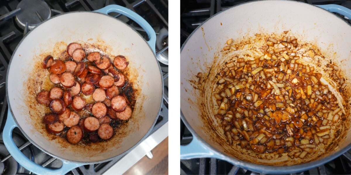 seared sausage and sauteed onion and garlic in dutch oven.
