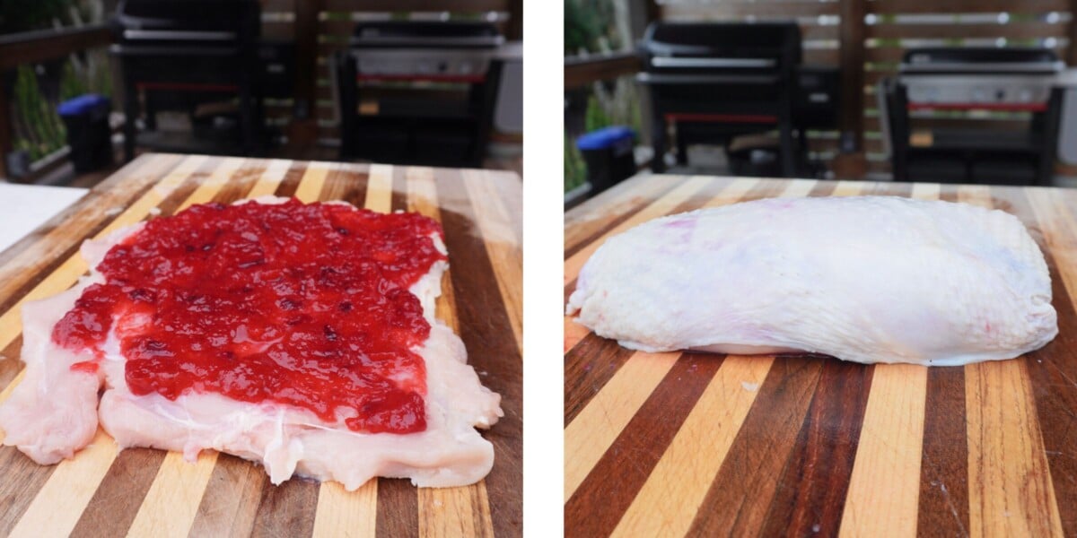 Two images, on the left showing a layer of cranberry sauce on filleted turkey breast and on the right, rolled up wrapped in the skin.