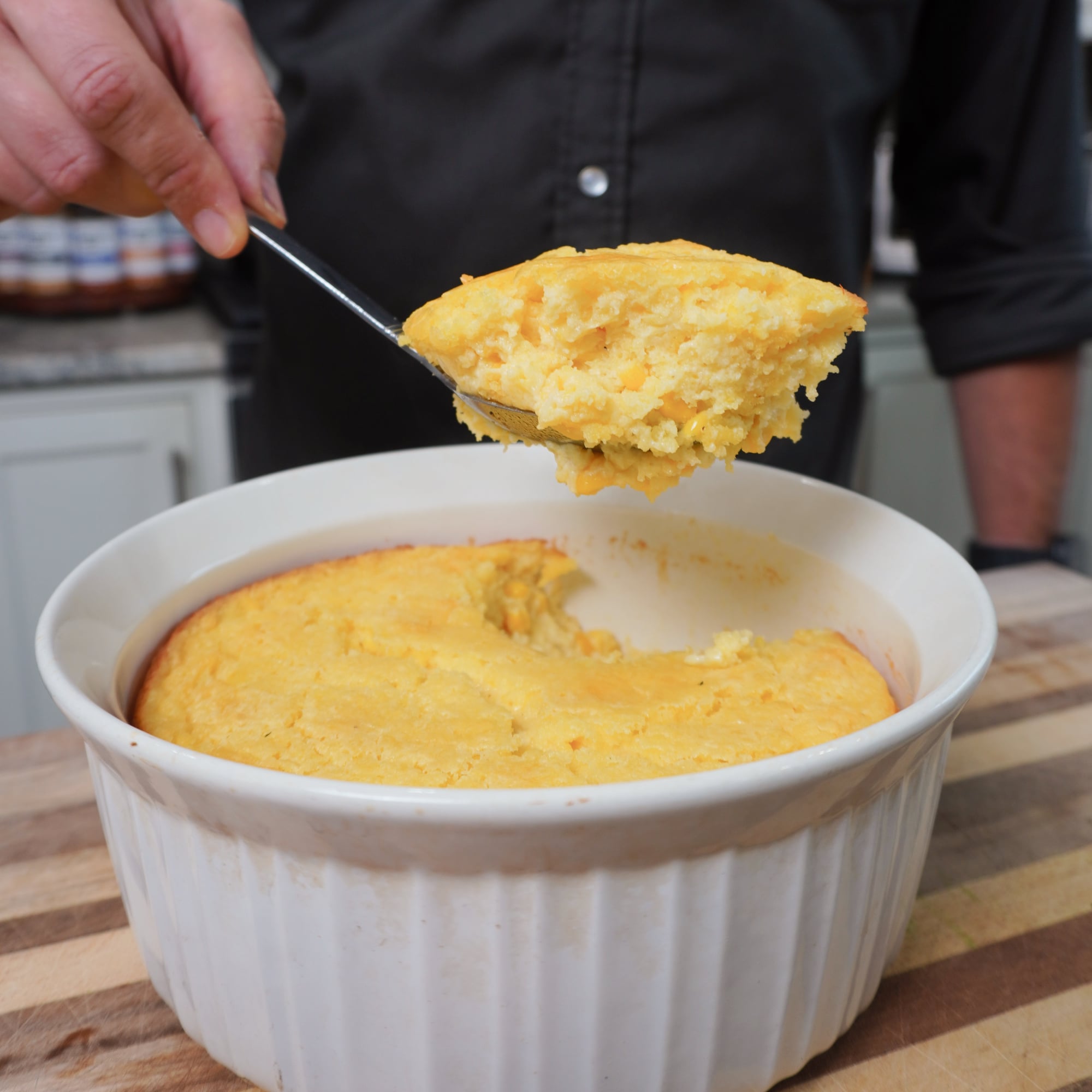 a large scoop of the creamy corn casserole.