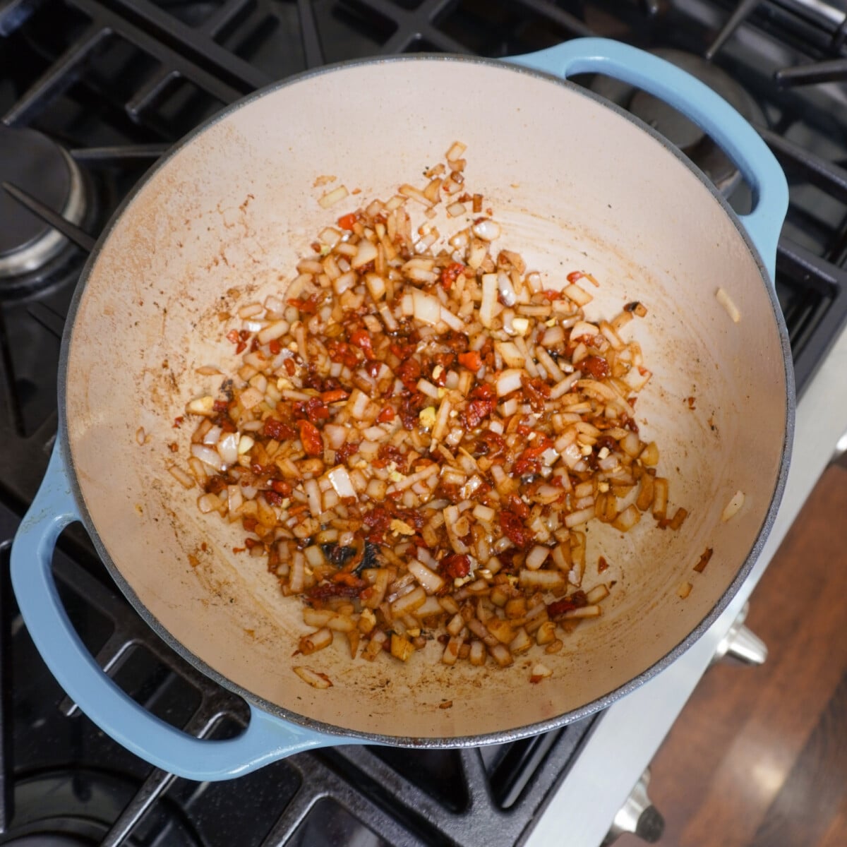 sauteed veggies in dutch oven.