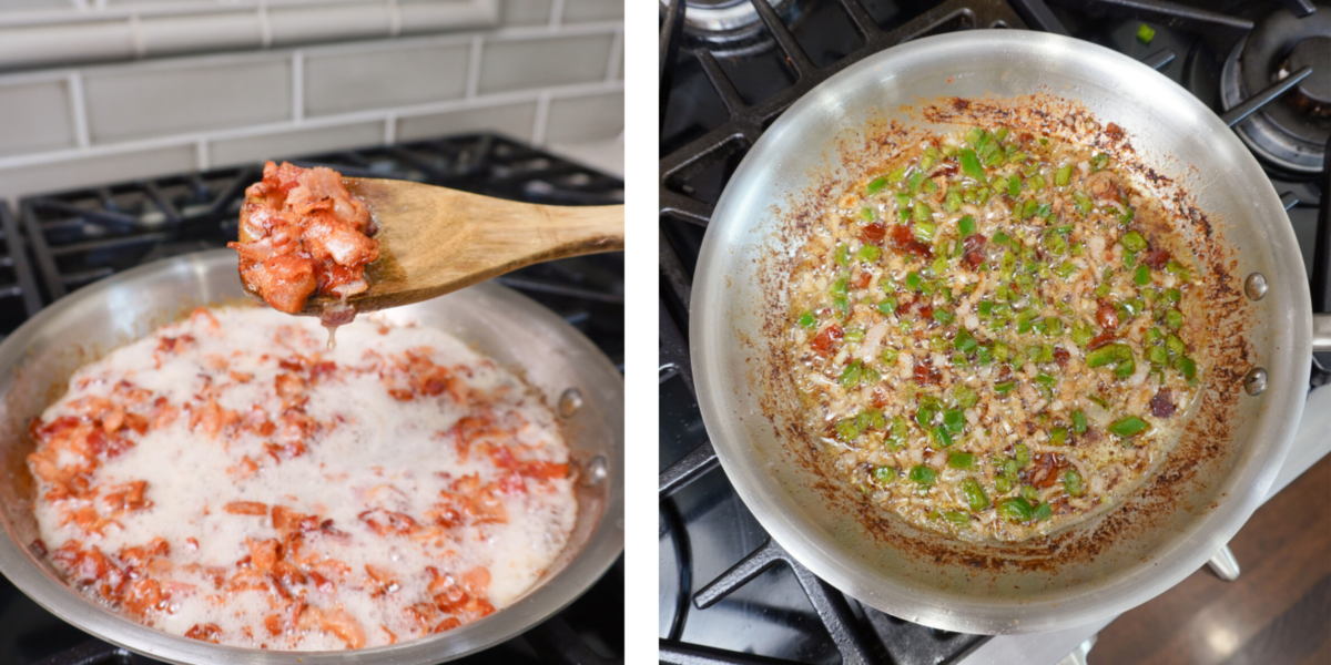 Bacon jam ingredients cooking on the stove top. On the left, is crispy bacon, on the right sauteed onions and jalapenos.