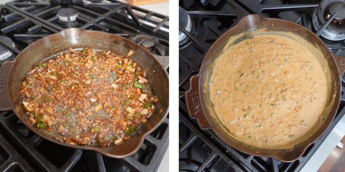 sauted veggies and roux and on the rights creamy sauce in skillet.