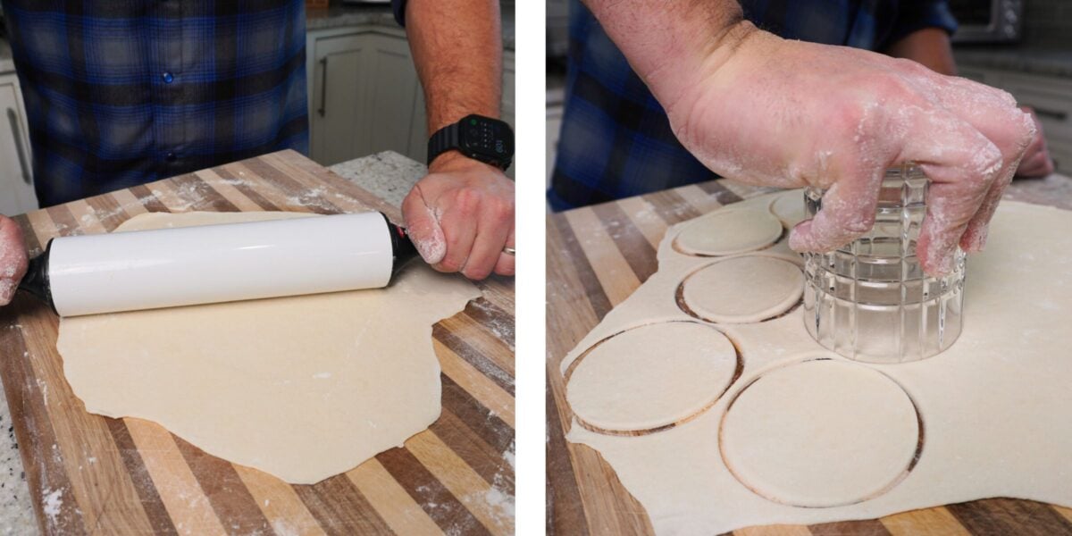 Rolling out dough and cutting out circles.