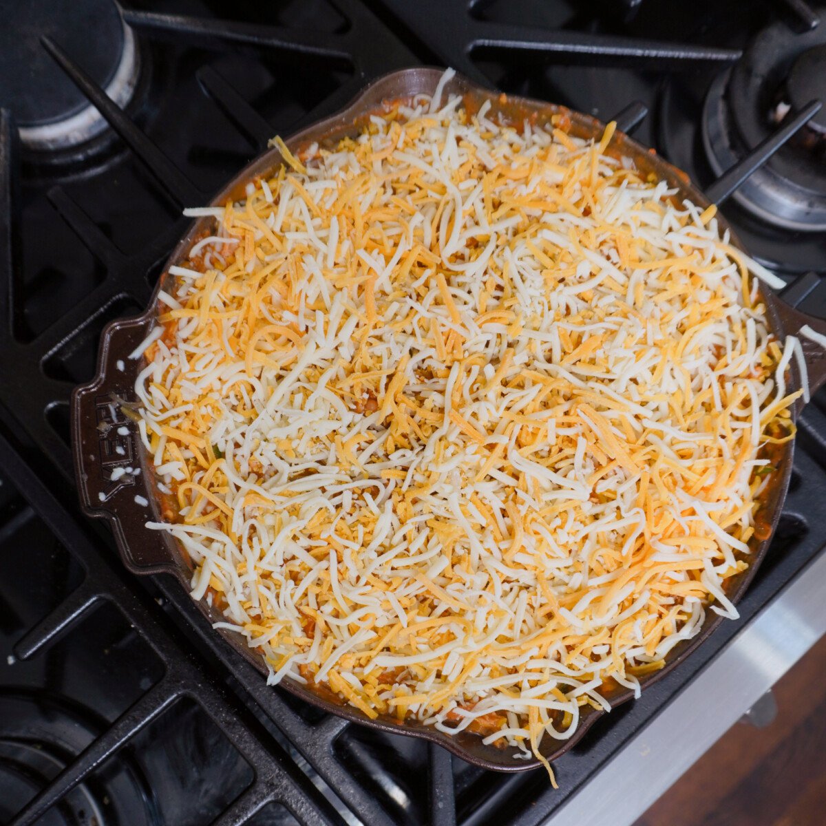 cheese covered skillet.