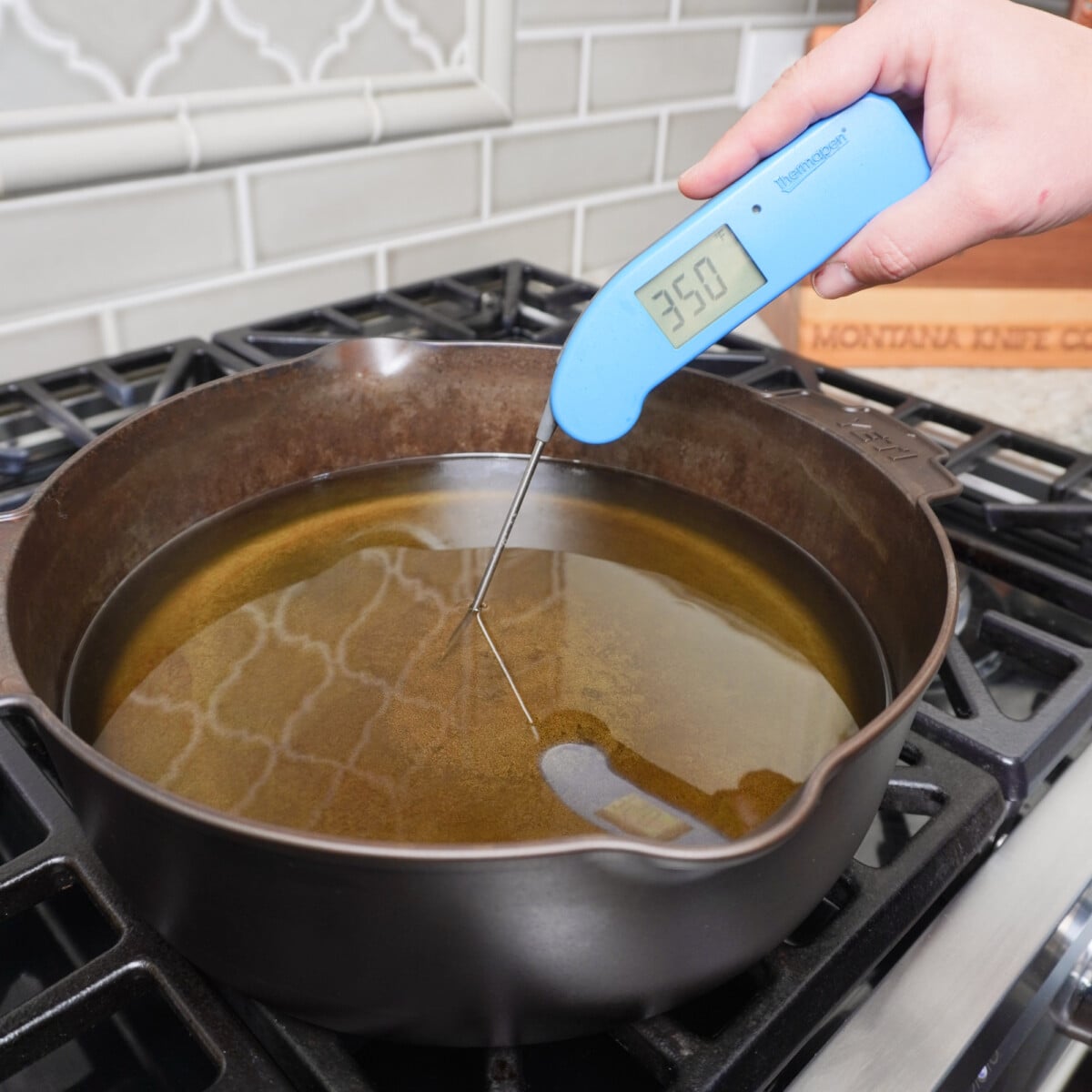 temperature read of the hot oil with a digital temperature gauge.