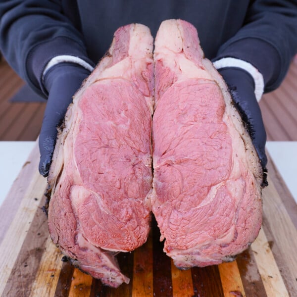 sliced in half reverse seared smoked prime rib.