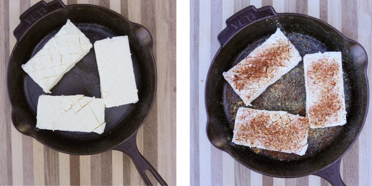 Image of scored cream cheese on the left and seasoned on the right all in a cast iron skillet.