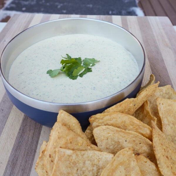Smoked Jalapeno Cheese Dip in a blue yeti bowl with tortilla chips.