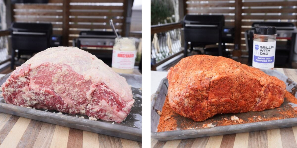 Prepped Prime Rib with a horseradish binder on the left and all purpose seasoning on the right.