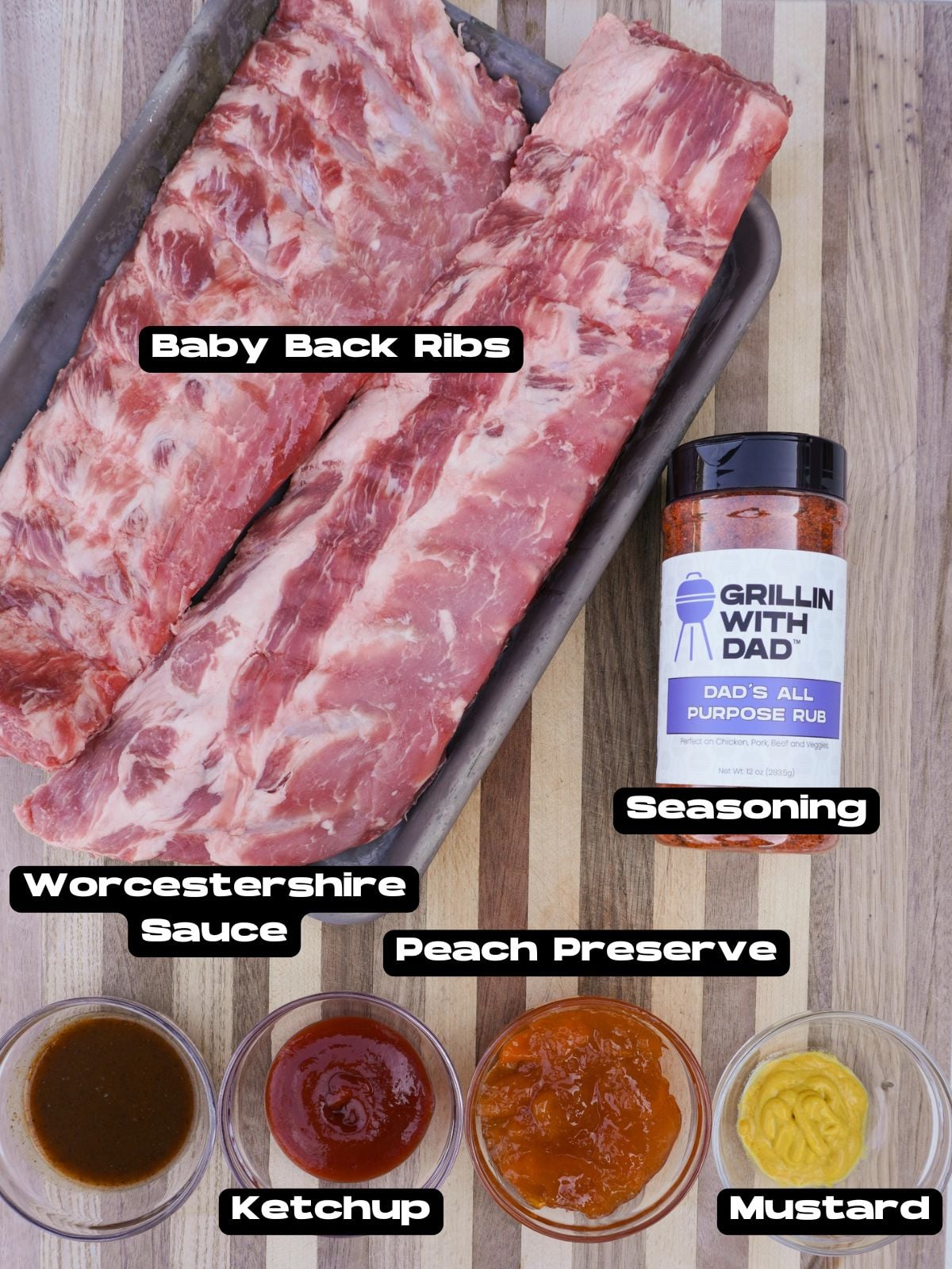 Ingredients needed to make Peach Bourbon Smoked Ribs.
