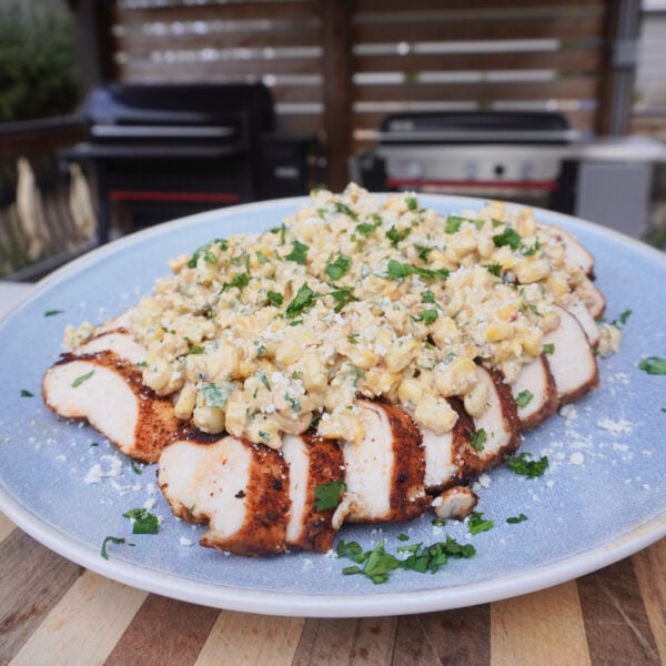 Mexican Street Corn Grilled Chicken plated and sliced.