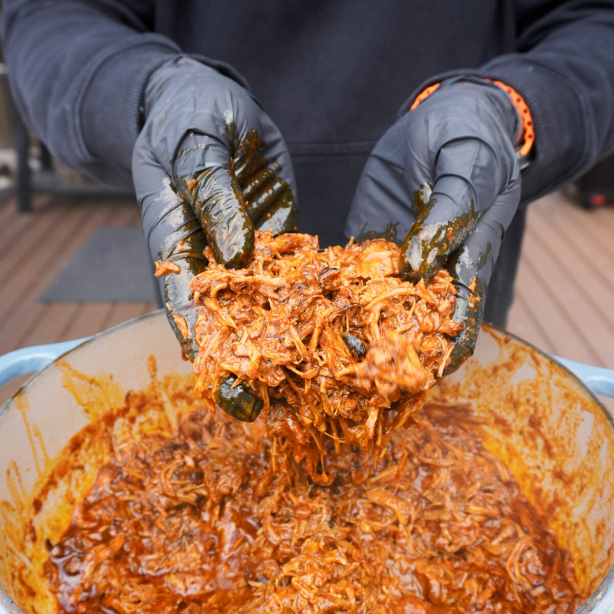 Shredded pork in adobo sauce.