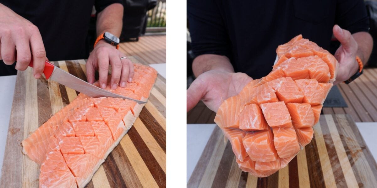 illustrations showing cutting pattern on salmon filet.