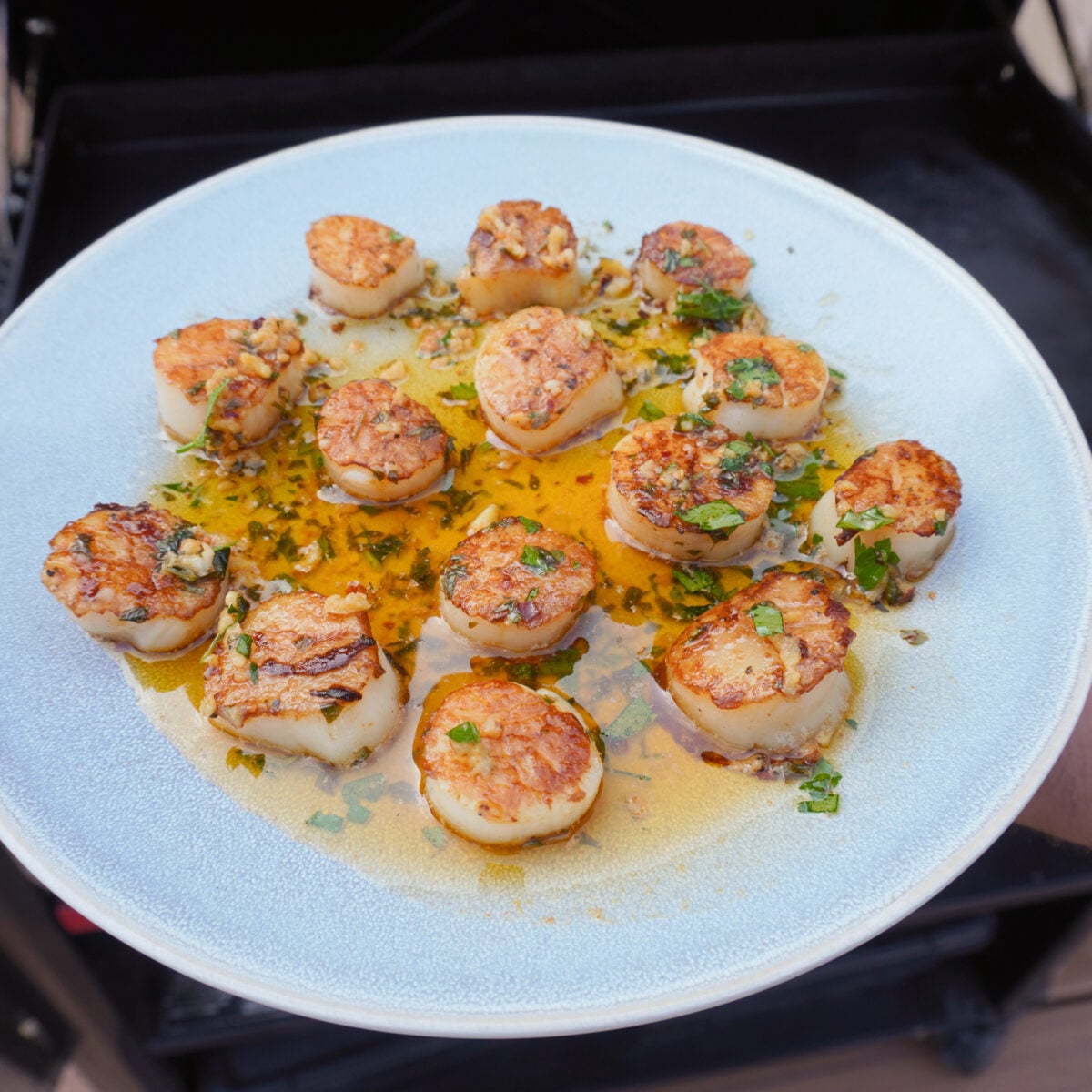Garlic Butter Grilled Scallops plated.