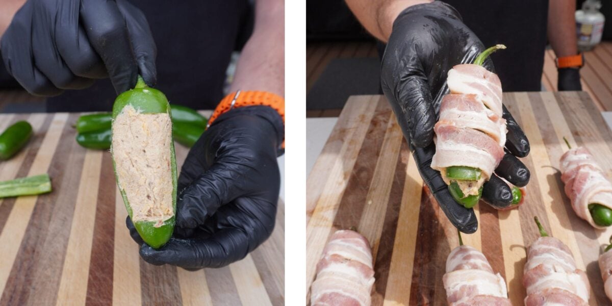 Stuffed and wrapped jalapeno poppers.