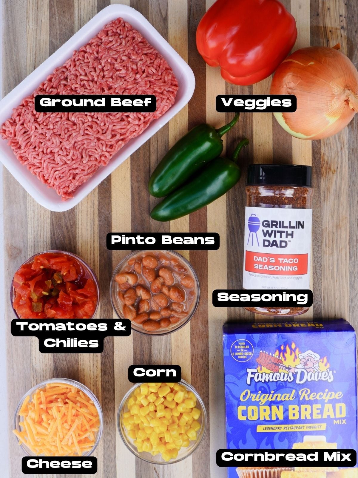 Ingredients needed to make a cornbread cowboy casserole.