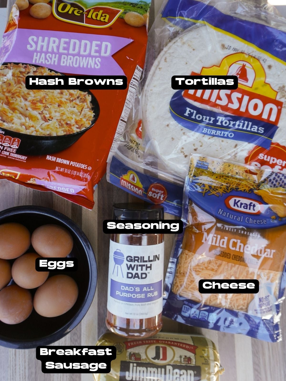 Ingredients needed to make the Ultimate Breakfast Burrito.