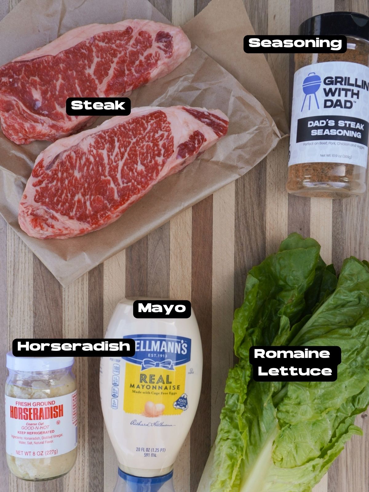 Ingredients for the grilled steak salad with horseradish dressing.