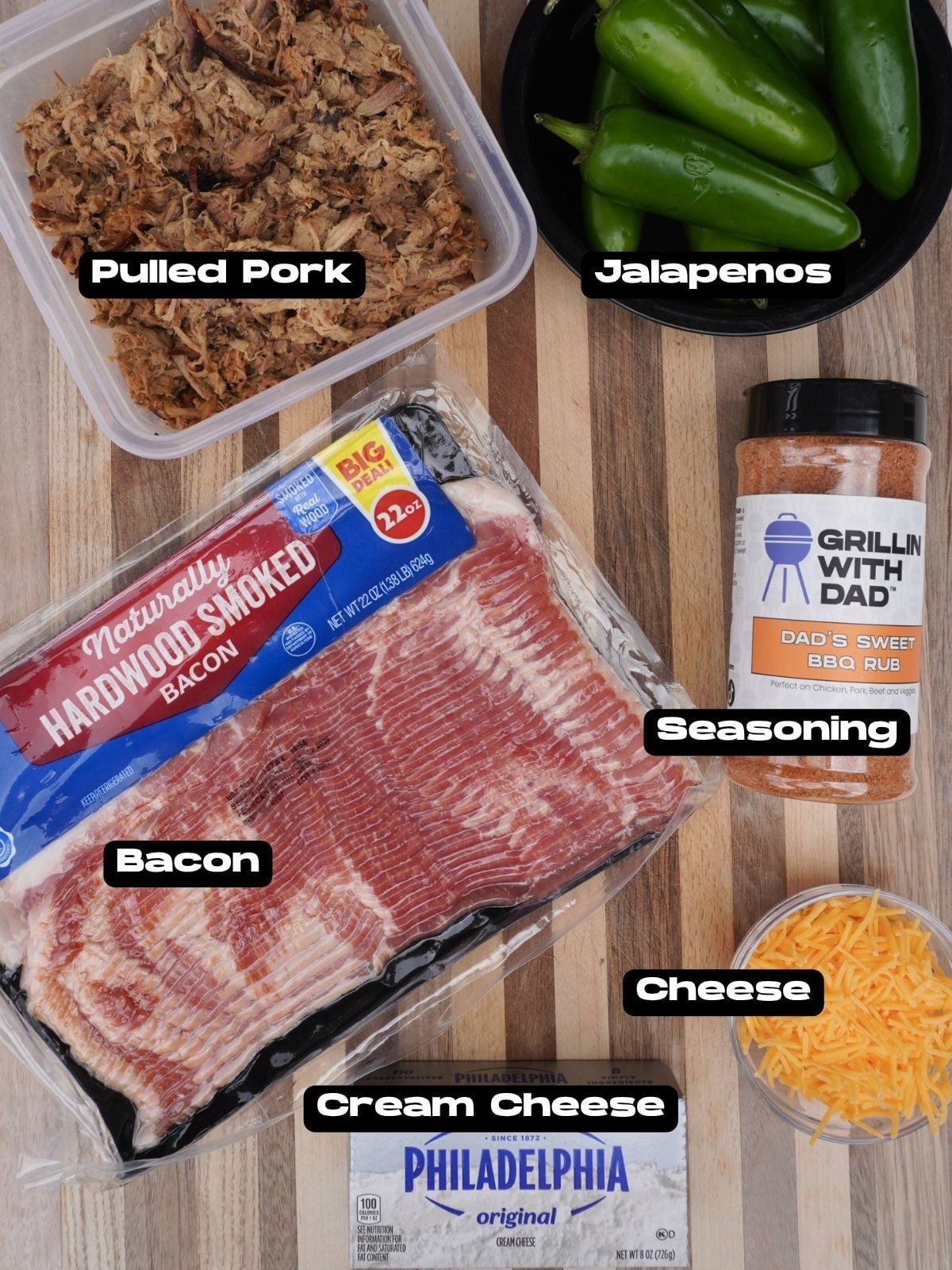 Ingredients needed to make pulled pork jalapeno poppers.