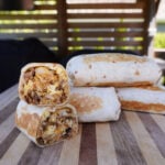 The ultimate breakfast burrito sliced.