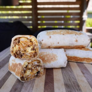 The ultimate breakfast burrito sliced.