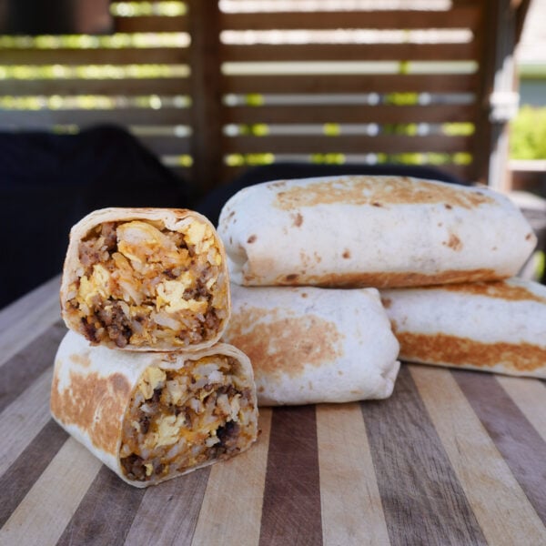 The ultimate breakfast burrito sliced.