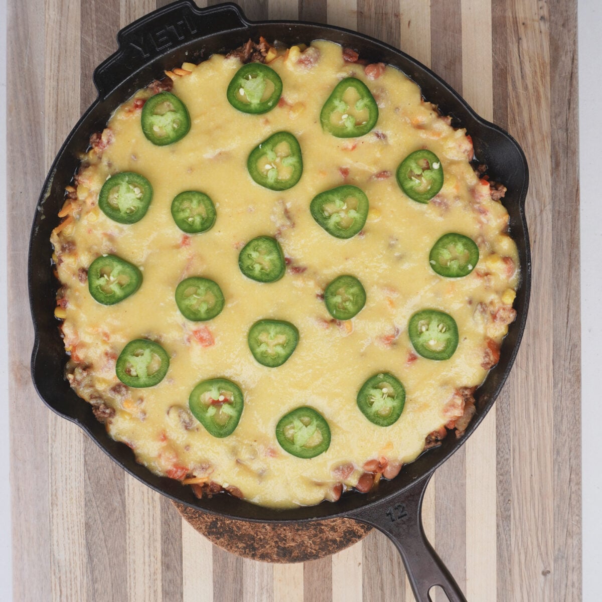 cornbread casserole with sliced jalapenos.