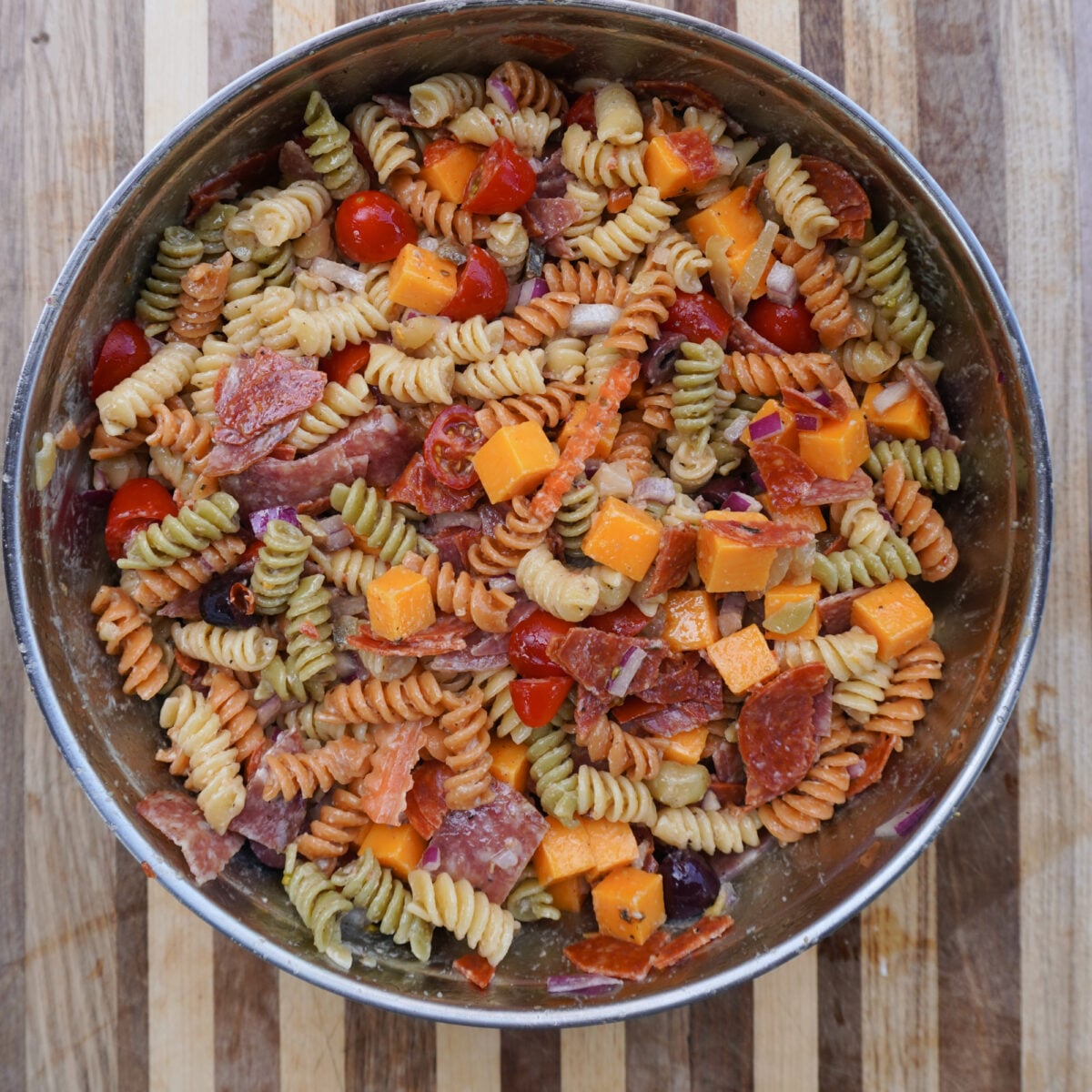 chopped and cubed Chicago Style Pasta Salad ingredients.