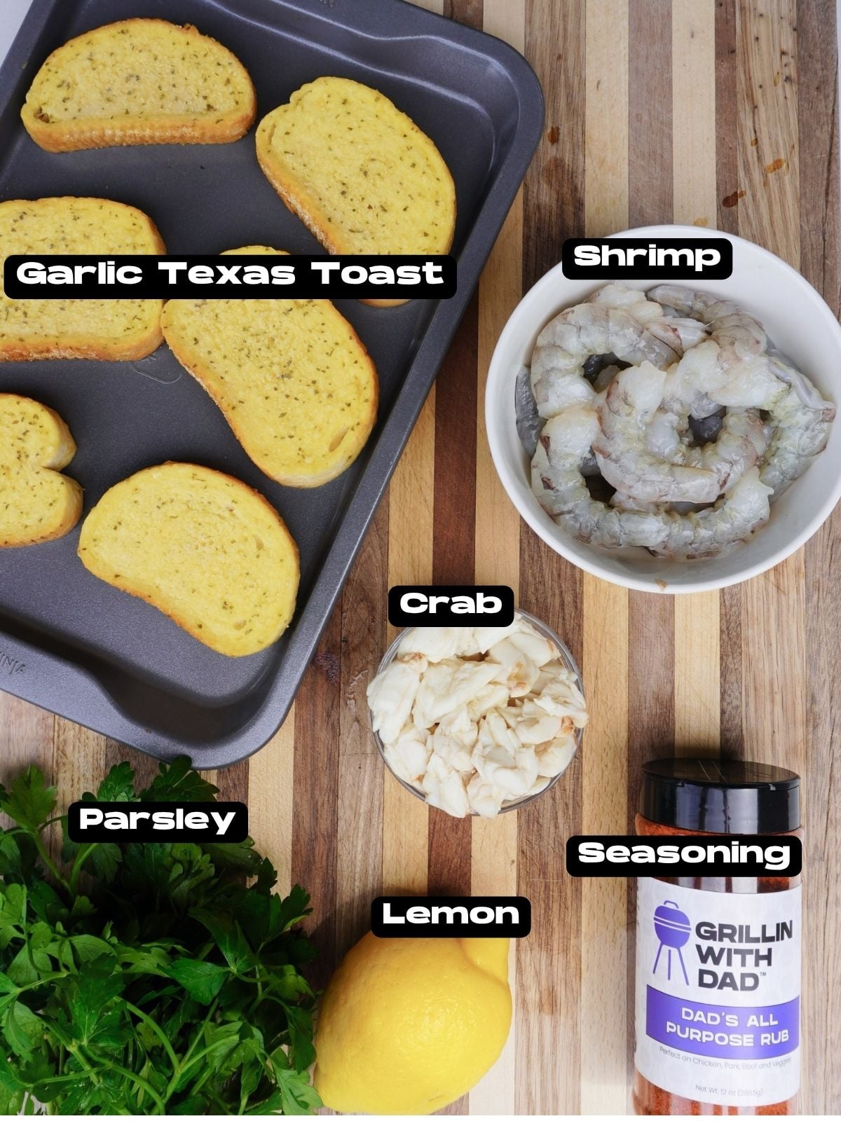 Ingredients for smoked shrimp and crab toast.