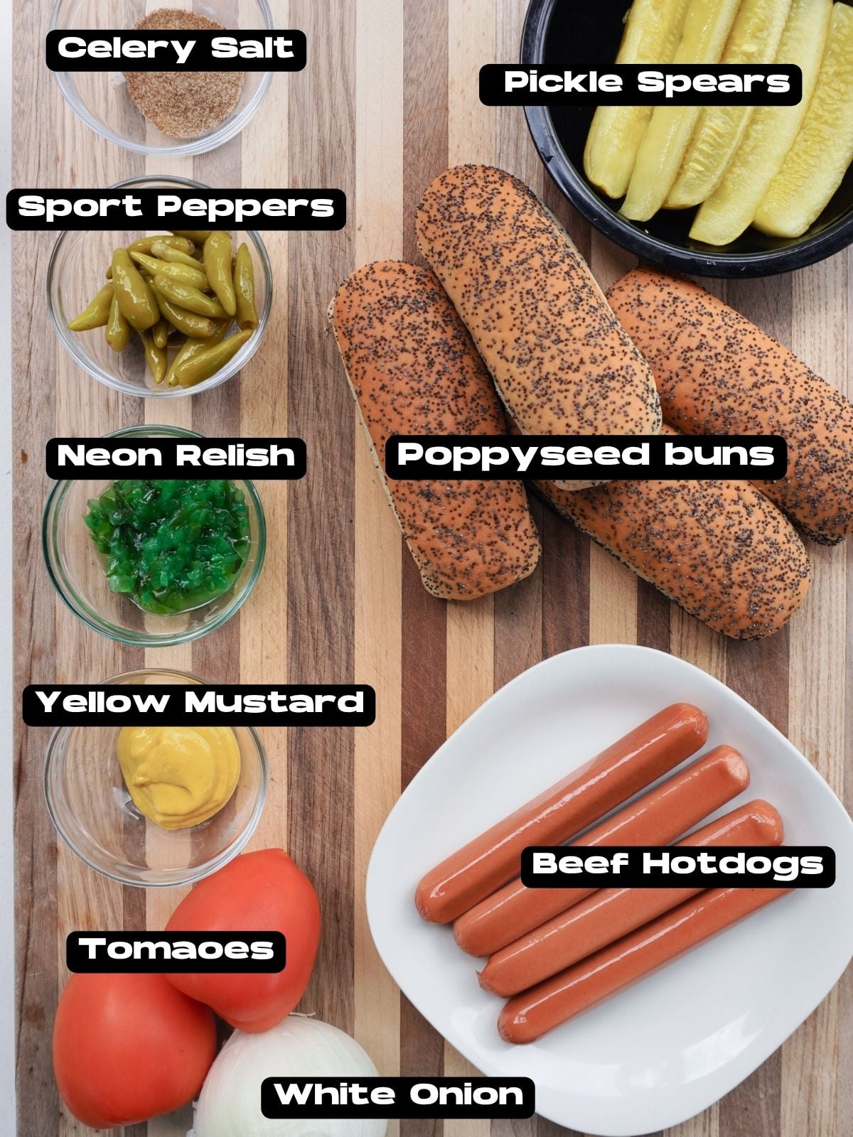 Classic Chicago Style Hotdog Ingredients.