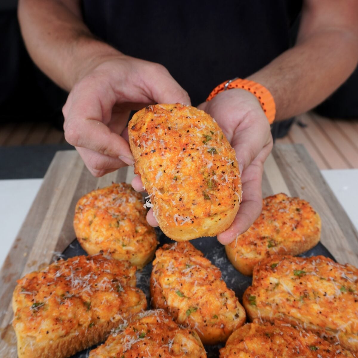 smoked shrimp and crab toast presented.